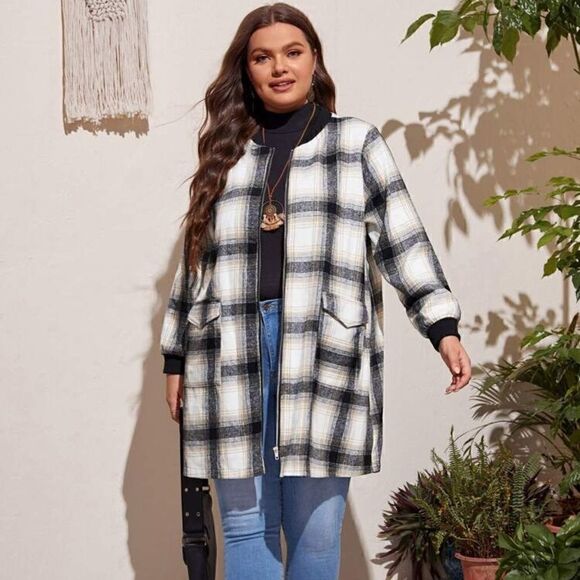 NEW! PLUS Size Black Plaid Flap Pocket Zipper Bomber Lightweight Overcoat Winter - Picture 1 of 4